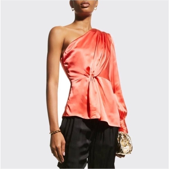 NWT Cing a Sept Stace One-Shoulder Silk Top in Neon Coral - Picture 1 of 16